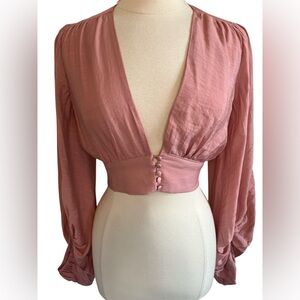 Hyfve Bohemian Pink Crop blouse w/Long Balloon Sleeves button waist Size Medium